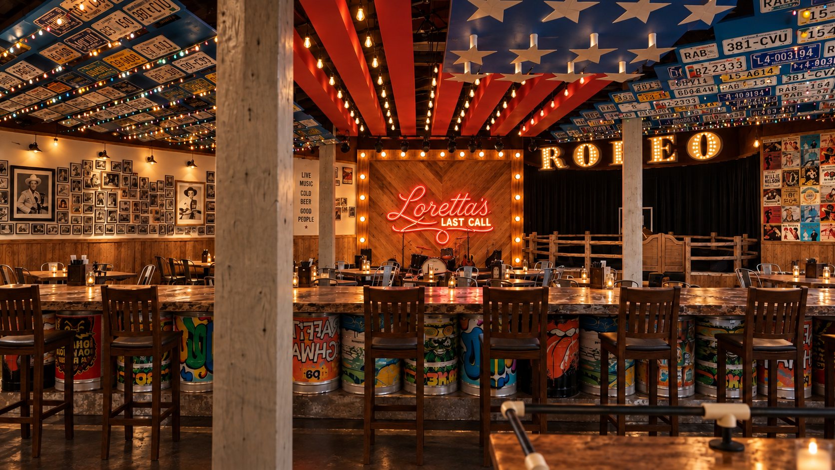 Concept rendering of the Loretta’s Last Call Salem room: the neon logo on the stage wall, a license-plate ceiling, and the bar
